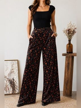 Lulus Black Velvet Floral Wide Leg Pants XL High Rise Stretch Pockets